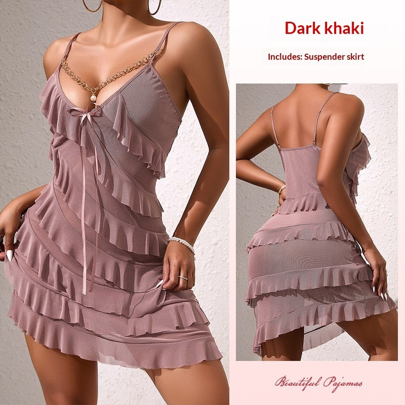 Fashionable Patchwork Ruffle-Trim Camisole Short Dress For Women